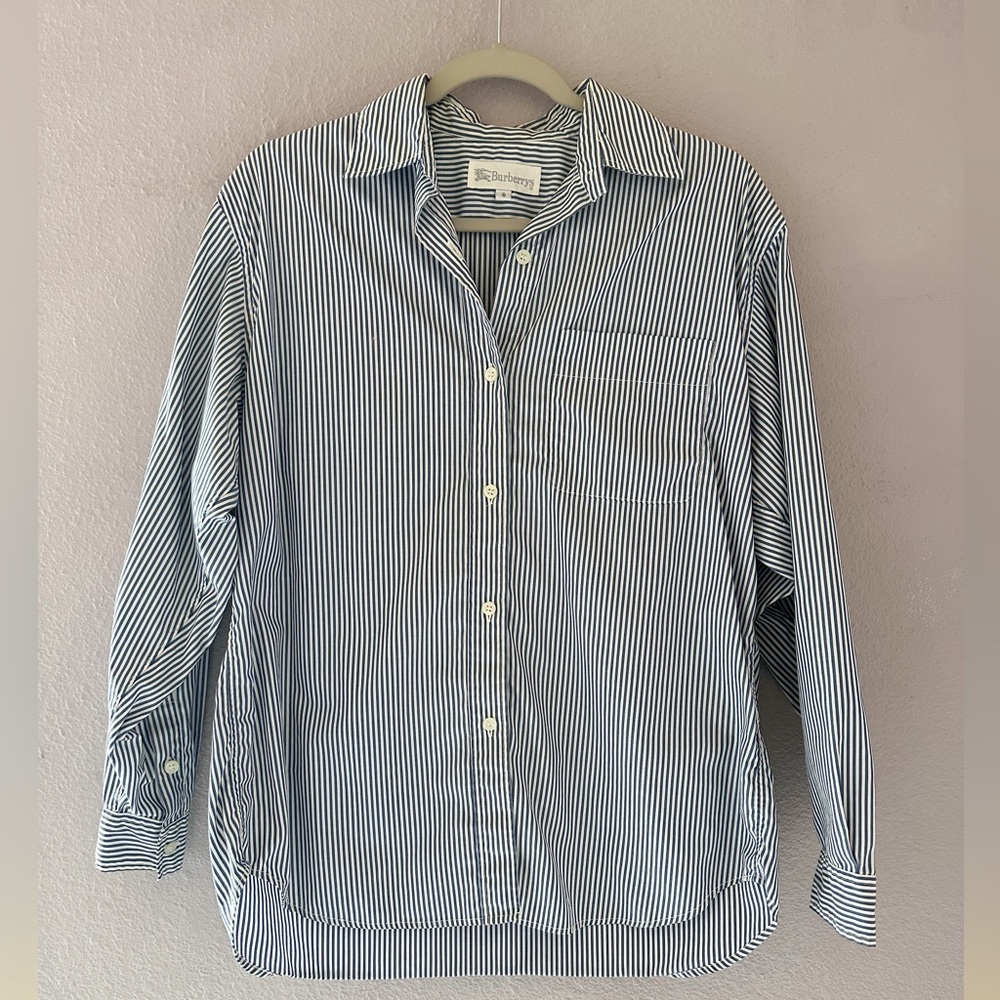 Vintage Burberry Blue White Stripe Shirt Size 8